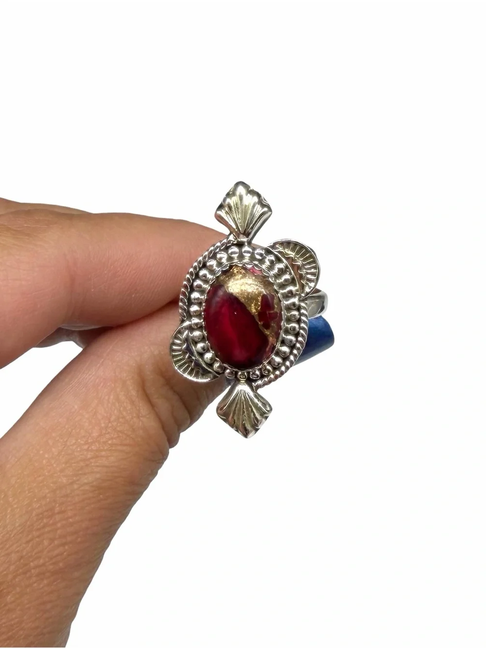 Red Rose Dahlia Kingman Turquoise Ring 925 Sterling Silver Adjustable Size 7 - 9